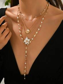 4pcs/Set Luxurious Multi-Layer Necklace Set With Shell Enamel Flower Pendant, Fashionable Y-Shaped Long Necklace, Suitable For Daily Wear, Parties, Music Festivals, Adjustable Chain Length - Multicolor - View 5