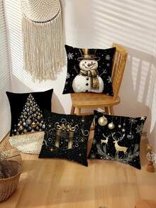 4 fundas de cojín decorativas de poliéster con cremallera, diseños tradicionales navideños de muñeco de nieve, renos y árboles, lavables a máquina, para sala de estar y sofá