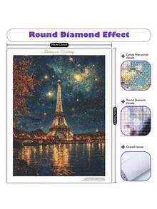 DIY风景系列，埃菲尔铁塔图案满月钻石艺术画套装，满圆钻石艺术家居墙面装饰礼物 - 彩色 - 查看 2