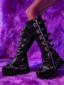 Gothic Womens Knee High Boots For Women Punk Rivets Platform Thick Heel Boots Y2K Round Metallic Zipper Buckle Knee High Boots For Cosplay - Black - View 6