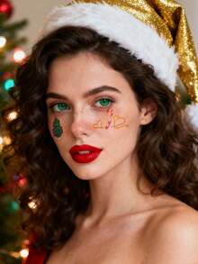 (Set Of 12) Colorful & Adorable Christmas Temporary Face Tattoos, Includes Rainbow Colors, Santa Claus, Reindeer, Sleigh, Stockings, Plants, Bells, Gifts, Snowflakes, Sweet & Cute For Girls, Also Suitable As Christmas Gifts For Friends - Multicolor - View 5