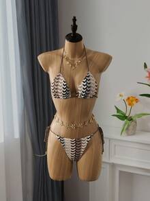 Bellisia Women All-Over Print Halter Twist Front Split Bikini Set For Summer Beach Vacation - Brown - View 5