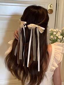 Bộ 2 kẹp tóc nơ ren satin thanh lịch, phụ kiện tóc cao cấp dành cho nữ, kẹp tóc thời trang có đuôi satin, phụ kiện đội đầu, ghim cài tóc. - Màu be - Xem 2