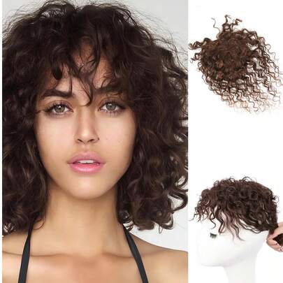 Tóc giả 3 kẹp kiểu gợn sóng bằng tóc thật, có mái, phù hợp cho phụ nữ tóc mỏng, màu nâu.