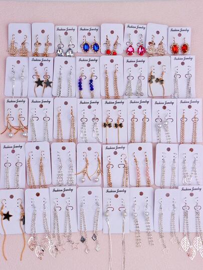 5/10/15/20 Paar Ohrringe mit eingelassenen Strass-Anhängern für Mädchen, modisch und exquisit, Perlenanhänger in Feen-Stil mit Stern, Schleife und Wassertropfen-Form, Geschenkschmuck für Dates und Partys