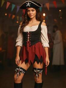 女士海盗剑配蕾丝蝴蝶结，海盗服装，玩具剑配大腿吊袜带，女士海盗装束，海盗配饰，角色扮演，高品质吊袜带，万圣节或其他特殊场合的理想海盗配饰，为您的双腿增添魅力和独特美感 - 彩色 - 查看 9