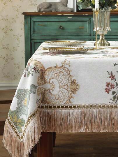 Toalha de mesa floral vintage luxuosa estilo palácio, tecido jacquard com acabamento em borlas, toalha de mesa retangular com padrão floral em estilo arte clássica, adequada para mesa de jantar, mesa de centro ou criado-mudo, decoração de casa e quarto, ideal para decoração de festas de fim de ano ou decoração de mesa de jantar, várias opções de tamanho