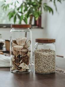 1pc Glass Jar With Wooden Lid & Airtight Seal, Transparent Storage Container For Candy, Food, Spices, Salt, Sugar, Coffee, Tea - Round Hole Acacia Wood Cover - View 7