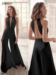 Sexy einfarbiger rückenfreier Jumpsuit mit weitem Bein, Hochzeit
