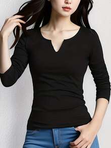 Plus Size Black Undershirt, Long Sleeve T-Shirt With V-Neck Design, Spring/Autumn 2024 New Arrival