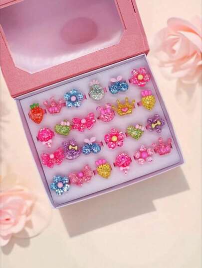 10/24pcs Children's Random Mixed Color Shiny Cute Ring, Girls Pretend Play And Dress Up Rings, Colorful Rings For Daughter, Granddaughter, Birthday Gift, Party Favors