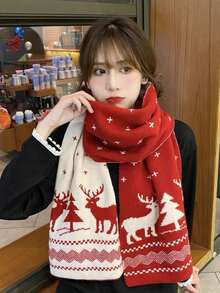 1pc New Christmas Reindeer Pattern Scarf For Women, Versatile Autumn/Winter Mid-Length Warm Cute Gift, Double-Sided High-Quality Thick Knitted Plaid Scarf - Multicolor - View 2
