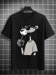 Camiseta casual de talla para hombres gráfico animal, oso bebiendoé de burbujas 1 unidad de 220g Estilo urbano Camisa de% algodón con estampado digital para hombres relajados - Negro - Ver 4