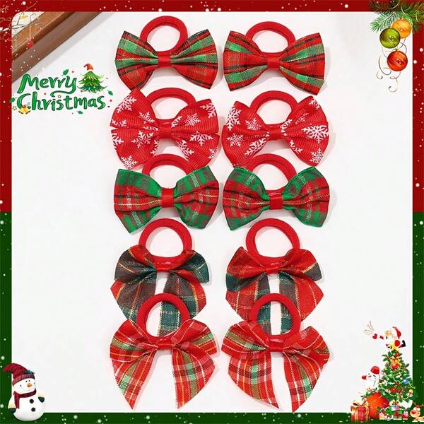 1 Set 10er Pack süße Weihnachts-Schleifen-Haargummis für Mädchen - mehrfarbig mit verschiedenen Designs, Streifen- und Schneeflocken-Muster, modisches Schleifen-Design, perfektes Weihnachts-Haaraccessoire-Geschenk für Mädchen, Party, Haargummis, Haargummis, Haargummis, Scrunchies, Haarseile