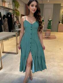 Women's Long Dress With Ruffle And Buttons At The Front – Romantic Polka Dot Style With Adjustable Straps And Cups Spring And Summer - 綠色 - 查看 2