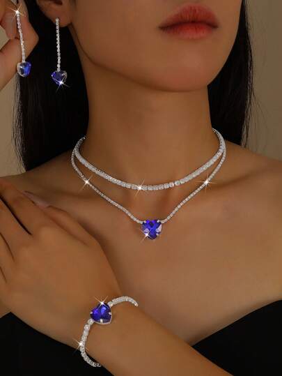 Women's Heart Necklace, Earrings, Bracelet Jewelry Set, Elegant For Party, Wedding, Bride