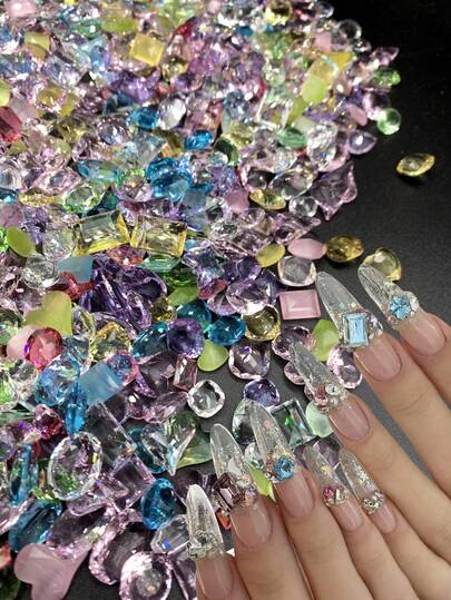 30/50/100颗混合彩色尖底水钻，仙女珠宝盒，奢华美甲水钻装饰，闪亮水晶不对称美甲钉，适合春夏美甲