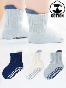 3 Pairs Toddler/Kids' Solid Color 100% Cotton Striped Crew Socks, Cute Daily Indoor Non-Slip Baby Socks - Multicolor - View 8