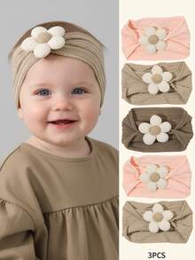 3pcs Baby Flower Headbands Brown Khaki Baby Girls Elastic Nylon Headbands Soft Hairbands For Newborn Infant Toddler Kids Pink Stretchy Hair Bands Fall Winter Daily Head Wrap Kids Baby Hair Accessories
