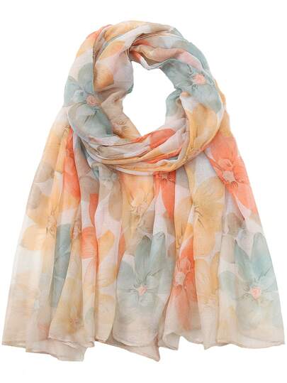 1pc Floral Print Casual Polyester Chiffon Scarf, Suitable For Spring, Summer, Autumn And Winter