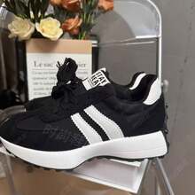 1 Pair Women's Casual Sneakers, 2025 New Arrivals, Hot Selling, Green Fashionable Thick-Soled Elevated Shoes, Versatile & Comfortable, Mustard Yellow, White, Black Color Options, Student Essential Sports Casual Shoes - 黑色 - 查看 2