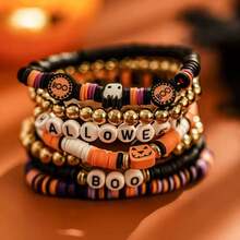 1 Set European & American Style Halloween New Skull Pumpkin Handmade Polymer Clay Bracelet Set, Witch Spider English Letter Charm Bracelet Jewelry Set