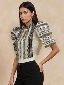 Amyenjoylife Modern Filipiniana Summer Women's Elegant Temperament Bubble Sleeve Short Sleeved Top - Champagne - View 5