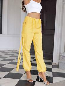 Joyfunear Quần cargo nữ màu trơn, kiểu dáng thường ngày, cạp chun có dây rút, thích hợp cho mùa xuân. - Màu vàng - Xem 4