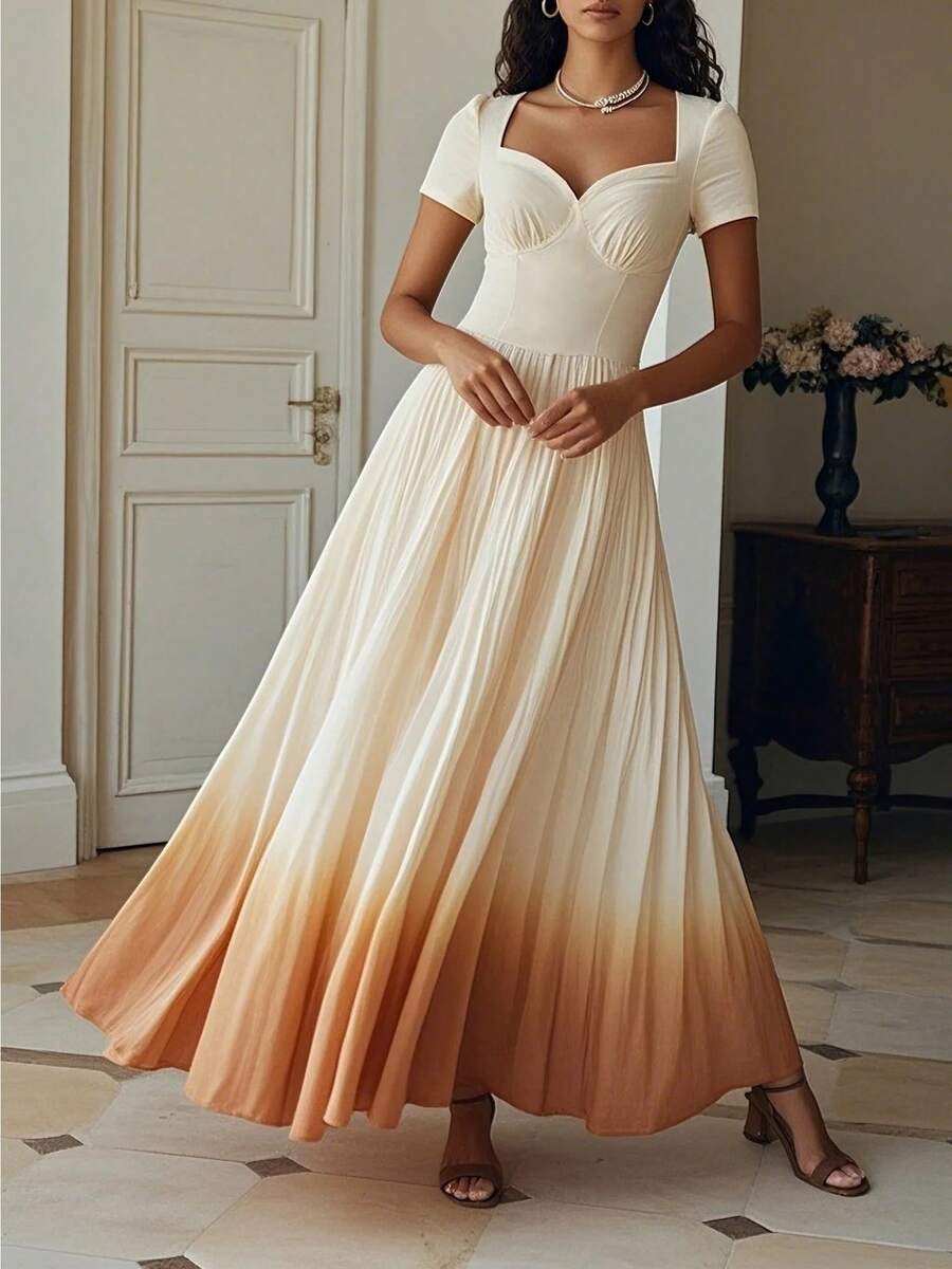 Ombre Elegant Pleated Bust Zipper Formal Evening Gown, Suitable For Wedding - White - View 1