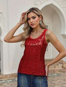 Womens Sequin Tank Tops  Sleeveless Round Neck Solid Color Tops Slim Fit Shirts Festival Tops - Red - View 2