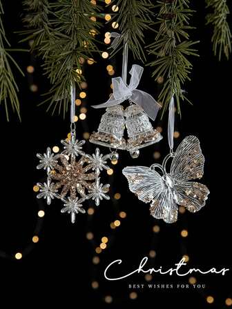 1pc Transparent Sequin Snowflake Butterfly Bell Pendant, Christmas Tree Light Luxury Pendant, High-End Christmas Tree Scene Decoration Accessories, Home Holiday Atmosphere Decoration Items, Enhance Holiday Life Style