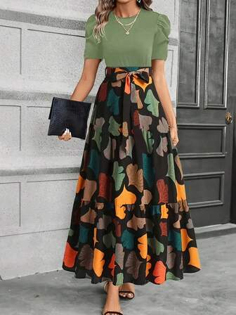 Vestido elegante de línea A con mangas abullonadas de KeKe Bloomly, decoración de lazo, diseño de empalme de hojas, cuello redondo, lavable a máquina, adecuado para ocasiones casuales a semi-formales de primavera/verano, tela ligera, estilo de moda y femenino, vestido versátil para ir al trabajo, fiestas, vacaciones, playa