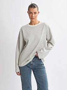Women's Autumn Casual Striped Tops Long Sleeve Round Neck Loose Fit T-Shirt For Daily - trắng - Xem 3