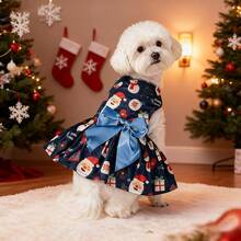 Vestido de festa natalina para animais de estimação (1 peça) com estampa de Papai Noel e flocos de neve.