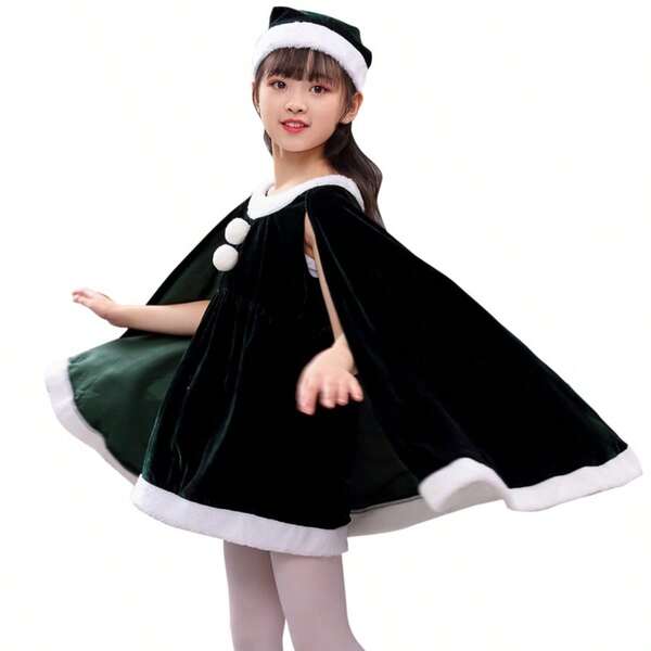 Children's Green Velvet Christmas Dress Set (Hat+Dress+Shorts) Is A Must-Have For Party Performances