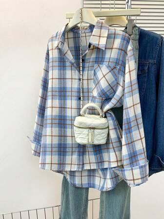 女式浅蓝色格子长袖衬衫，休闲学院风上衣