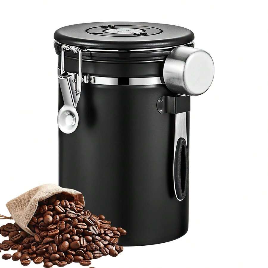 Coffee Bean Storage Container 2800 Ml – Airtight Stainless Steel Coffee Canister With Measuring Spoon, Aroma Preservation Container For Up To 1 Kg Of Coffee, Black - Black - View 1