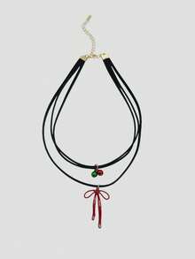 1 pieza Collar de Navidad de niña dulce, gargantilla de doble capa con campana roja y verde con moño, joyería para fiesta y citas, adecuada para fiestas de Navidad, reuniones, regalo - Colgante de Navidad - Ver 3