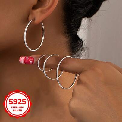 1 Pair S925 Sterling Silver 0.79-1.57 Inch Large Hoop Earrings, 1.5mm Thickness, Minimalist Elegant Style, Unique Versatile Women's Pierced Jewelry, Suitable For Daily Wear/Vacation/Valentine's Day/Birthday/Mother's Day Gift
