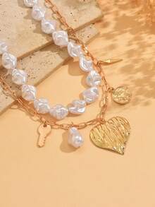 2pcs/Set Luxury Exquisite Faux Pearl Beaded Necklace, Elegant Gold Chain Necklace With Heart & Key Pendant, Suitable For Daily Wear, Dates And Gatherings - Multicolor - View 3