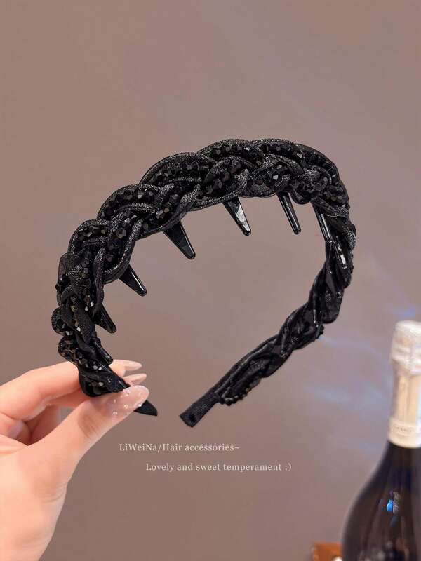 1 pieza Diadema con corona de cuentas de malla de alta gama para mujeres, diadema para el cabello con dientes antideslizantes, accesorio de cabello elegante, de plástico ABS, aro para el cabello de otoño/invierno