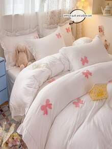 Cut Bow Embroidery Colorful Ruffle Duvet Cover Set, White Bedding Set 3pcs,Including 1 Duvet Cover And 2 Pillowcases, Ultra Soft Breathable Chic Comforter Cover