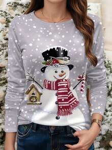 Áo thun dài tay in hình người tuyết thời trang, thanh lịch, thoải mái dành cho nữ, thích hợp cho Giáng sinh, mùa thu/đông, lý tưởng cho các buổi đi chơi, ở nhà, du lịch và đi làm - Xám - Xem 2