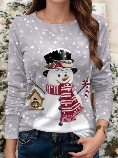 Camiseta de manga larga versátil, casual y elegante para mujer con estampado de muñeco de nieve, adecuada para Navidad, otoño/invierno, ideal para salidas, hogar, viajes y trabajo
