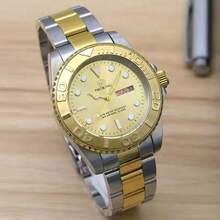 PROKING 1pc 40mm Men's Fashion Wrist Watch, Luxury Dual Calendar Quartz Watch, Business & Sport Style, Stainless Steel 304 Case, Stainless Steel Strap, 3ATM Waterproof, Luminous Display, Battery Powered, Suitable For Daily Decoration, Perfect Gift For Valentine's Day, Christmas, Father's Day - Gold - View 2