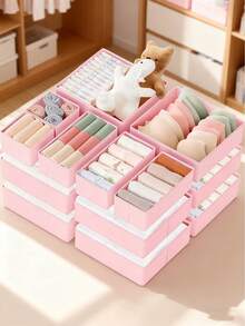 14件套布艺抽屉收纳盒 - 可折叠可水洗衣柜收纳盒,适用于内衣、婴儿服装、胸罩、袜子、领带、围巾等,粉色 - 粉色 - 查看 2