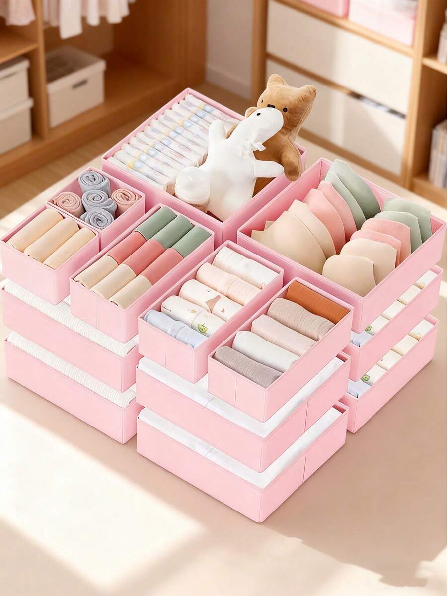 14件套布艺抽屉收纳盒 - 可折叠可水洗衣柜收纳盒，适用于内衣、婴儿服装、胸罩、袜子、领带、围巾等，粉色