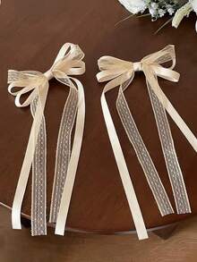 Bộ 2 kẹp tóc nơ ren satin thanh lịch, phụ kiện tóc cao cấp dành cho nữ, kẹp tóc thời trang có đuôi satin, phụ kiện đội đầu, ghim cài tóc. - Màu be - Xem 4