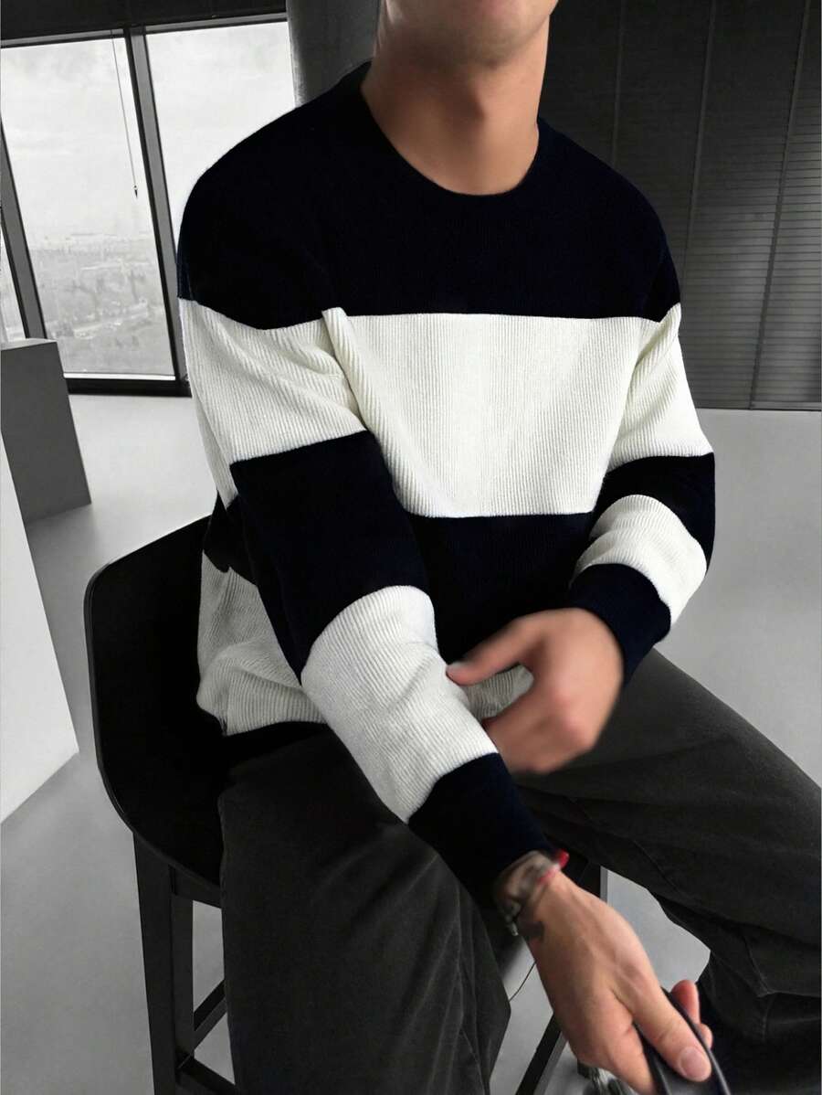 WAIT HIM Men's Casual Black And White Contrast Color Crew Neck Sweater, Long Sleeve Top
