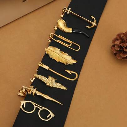 1 Stück Gürtelschnalle und Krawattenklammer im Gothic-Stil - Robuste Kupferkonstruktion, Gold-Schwarz Finish, verziertes Blatt, Angelhaken, Schwert, Pistole, Taschenuhr, Brille, Feder, Katzen- und Fledermausflügel Design - Geeignet für formelle und lässige Kleidung, multifunktionales Accessoire, ideales Geschenk für Männer (Geburtstag, Abschluss, Weihnachten) - langanhaltend personalisiertes Produkt, kann mit lässiger oder formeller Kleidung kombiniert werden, modische Aussage, Vintage-Ästhetik, hochwertiges Metallmaterial, stabiles Design, einzigartiger Schmuck